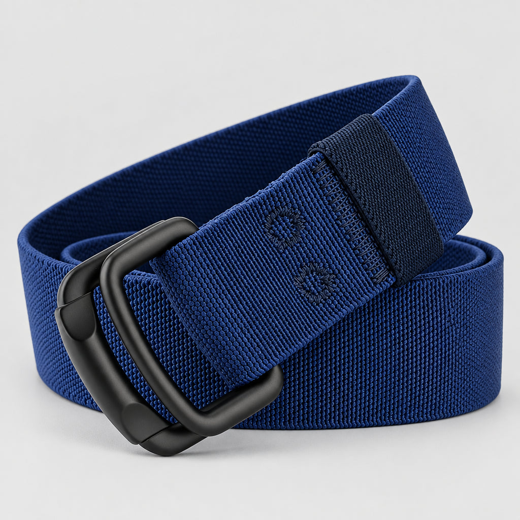 Navy blue belt with a black buckle on a white background