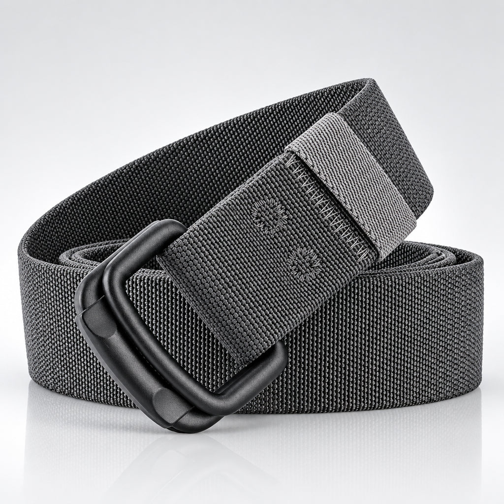 Gray belt with a black buckle on a white background, featuring the brand 'Maikun'.