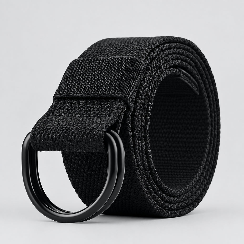 Black belt with a large ring buckle on a white background, featuring the brand 'MaiKun'.