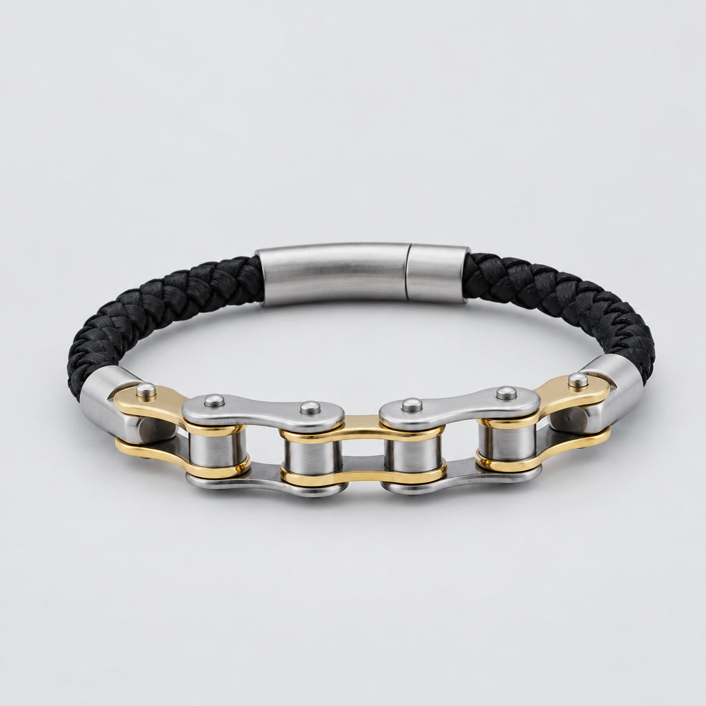 Biker Ghost Rider Bracelet Frosted Steel Chain with Leather Accent deideas