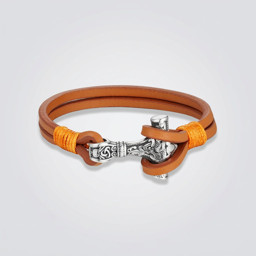 Bracelet en cuir Viking Thor Mjolnir Double couche Acier Breloque Mythologie Nordique