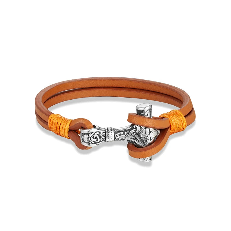 Bracelet en cuir Viking Thor Mjolnir Double couche Acier Breloque Mythologie Nordique