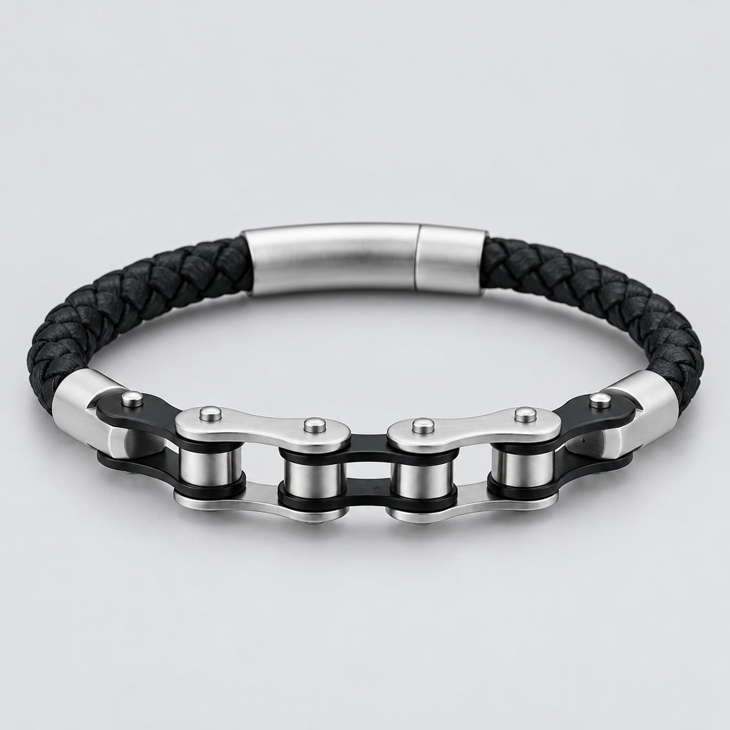 Biker Ghost Rider Bracelet Frosted Steel Chain with Leather Accent deideas