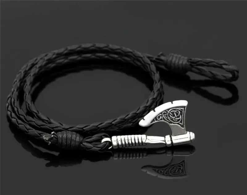 Viking-Inspired Axe Bracelet – Black Braided Leather