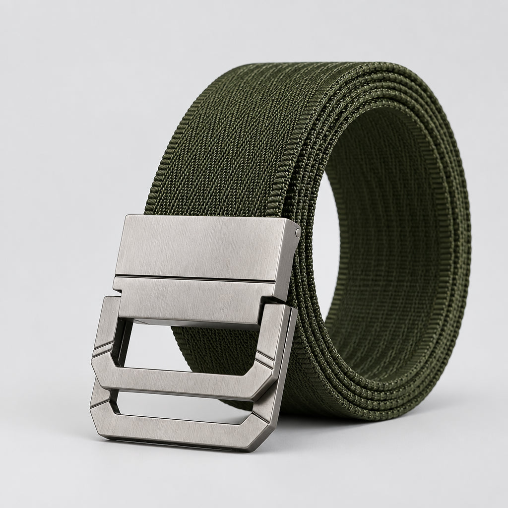 Green belt with silver buckle on a white background