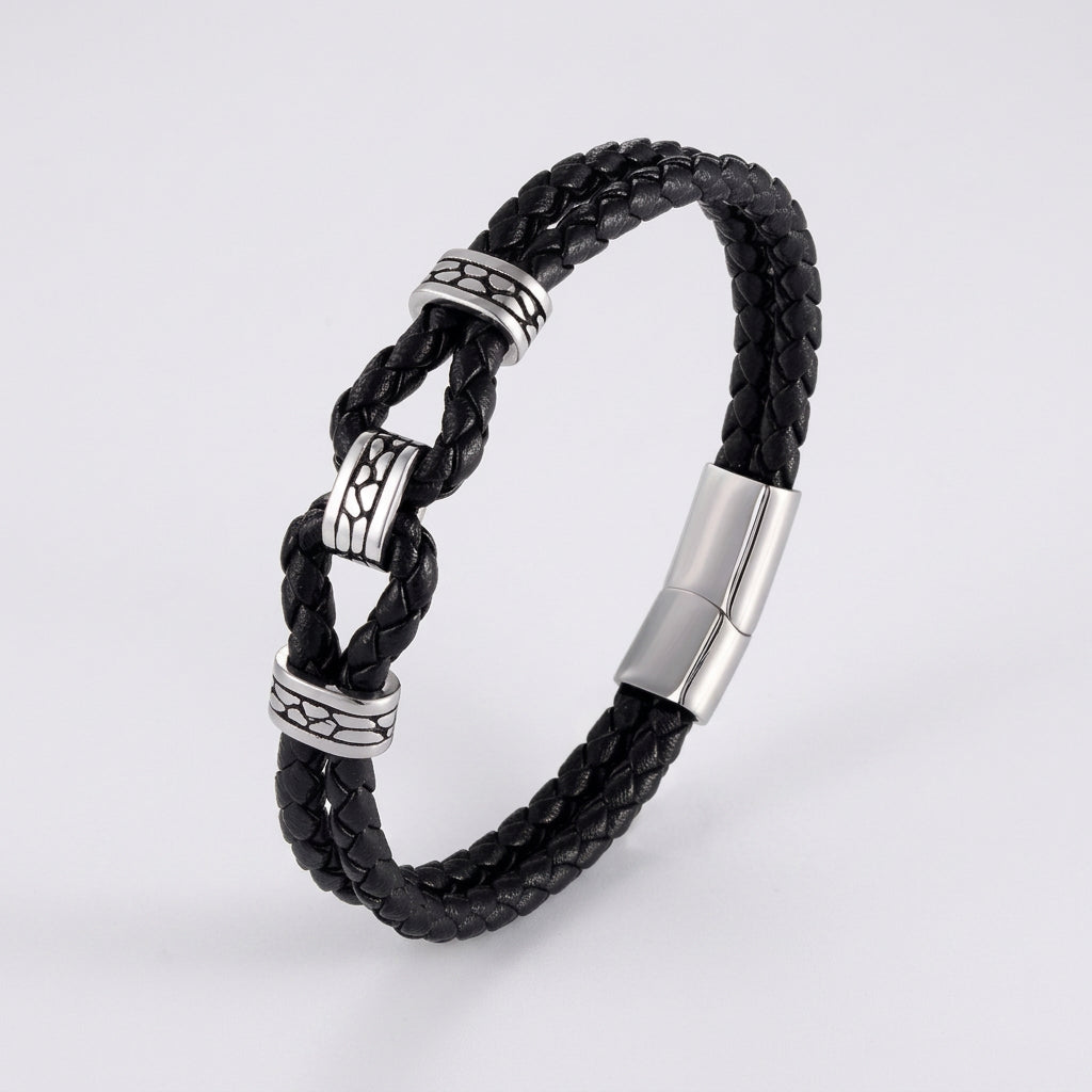 Black Braided Leather Bracelet Multilayer Stainless Steel Design deideas