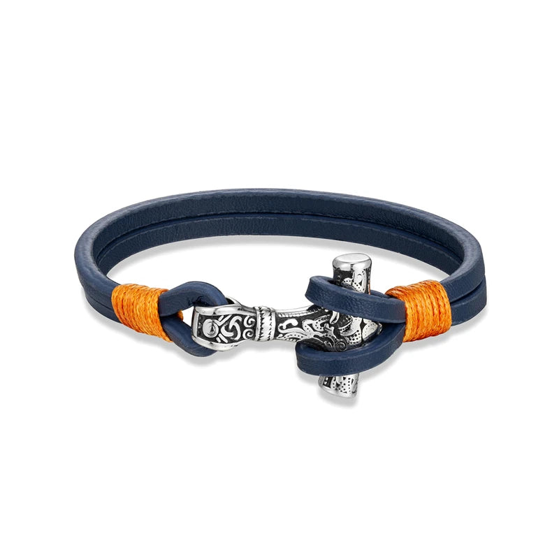 Bracelet en cuir Viking Thor Mjolnir Double couche Acier Breloque Mythologie Nordique