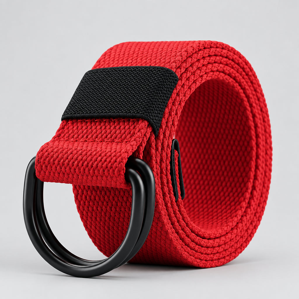 Red belt with black buckle on a white background, featuring the brand 'MaiKun'.