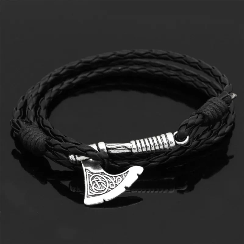 Viking-Inspired Axe Bracelet – Black Braided Leather