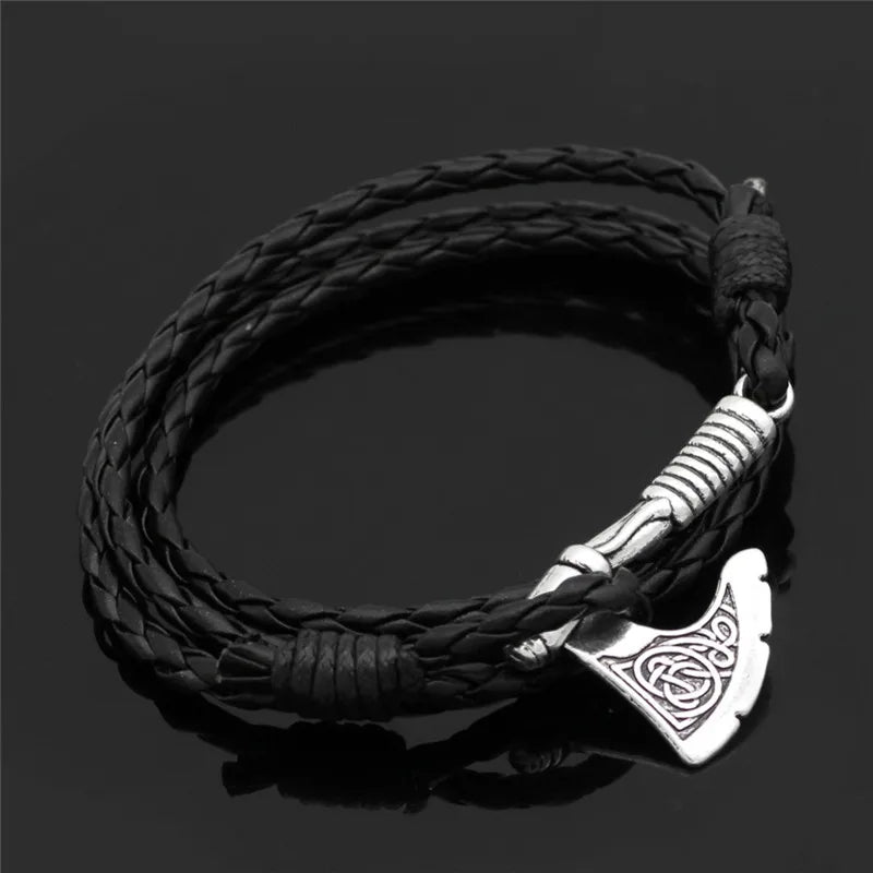 Viking-Inspired Axe Bracelet – Black Braided Leather