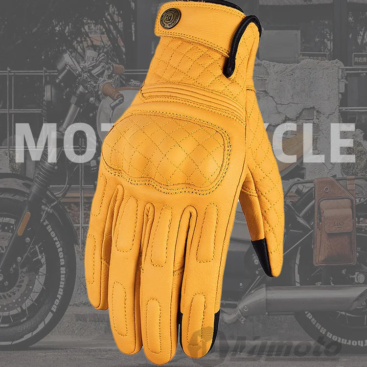 Yellow retro leather glove with touch screen design on a gray background with motorcycle text.