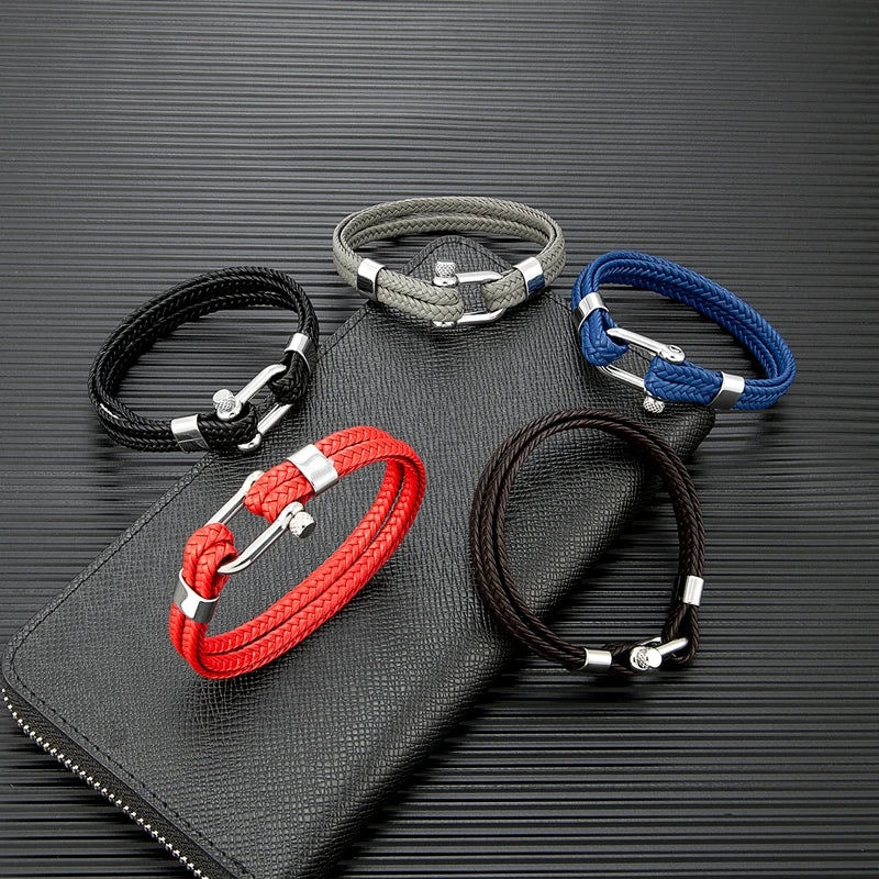 Braided Leather Shackle Bracelet – 5 Colors, 19–23 cm