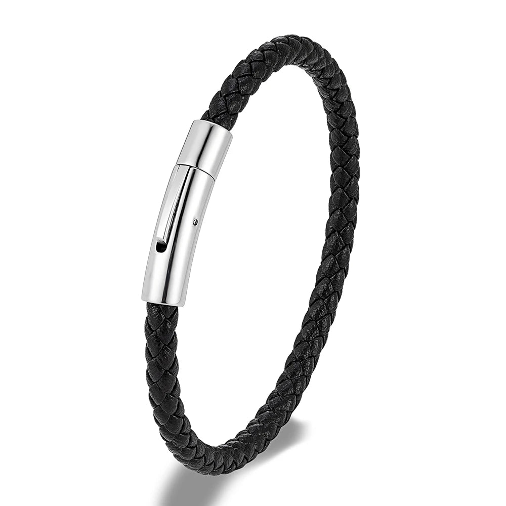 Braided Leather Bracelet – Silver-Tone Barrel Clasp, 5 Colors