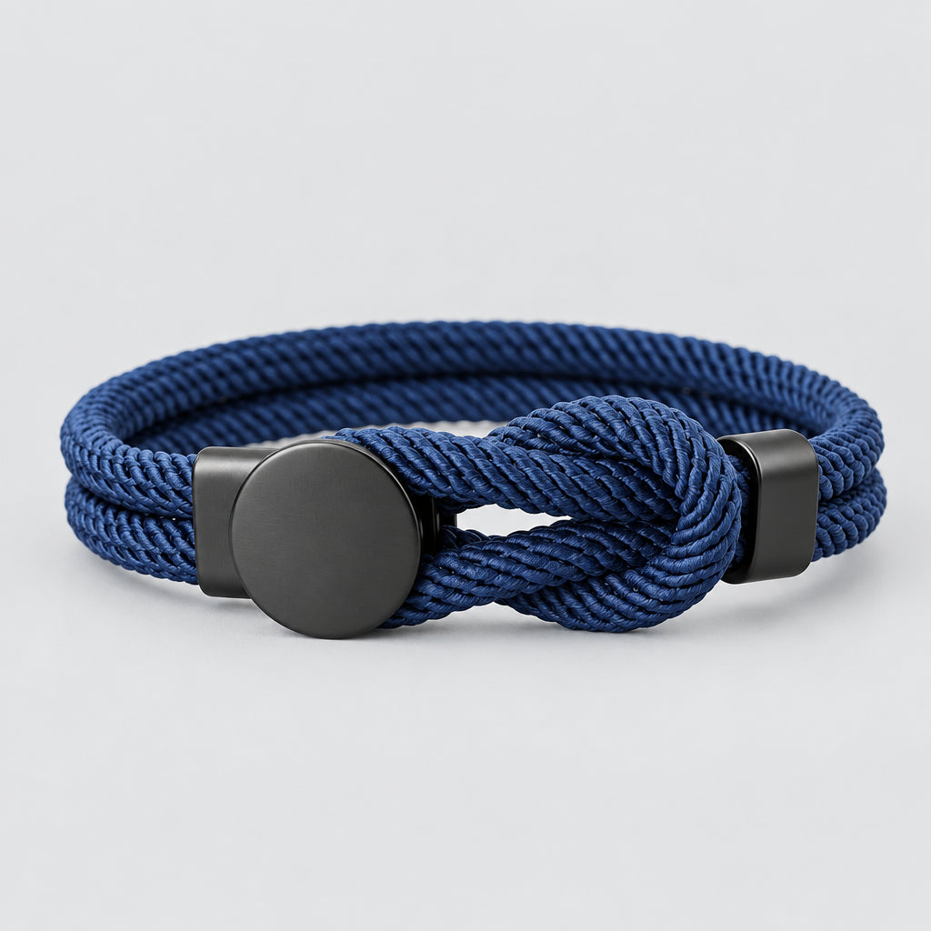 A red bracelet with a knot design and a black fastening mechanism, presented against a white background.