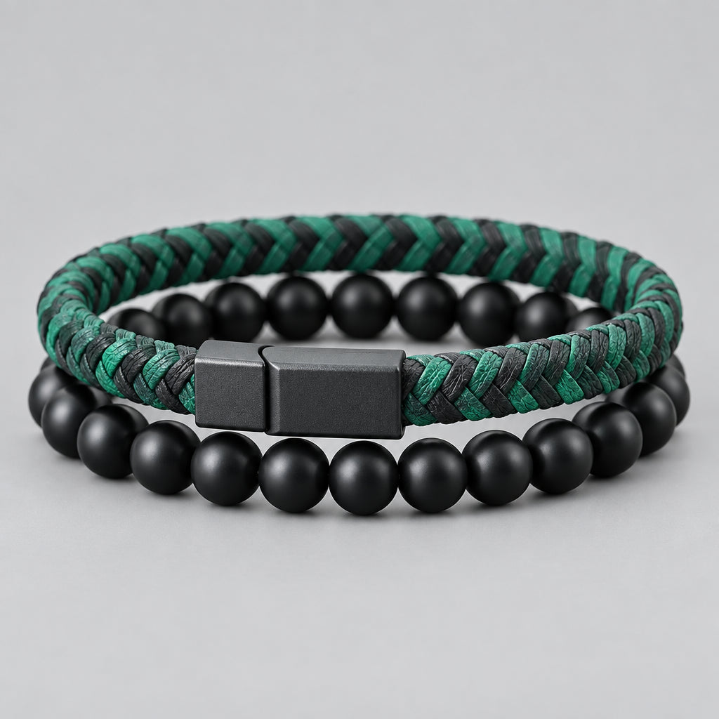 Noter 2Pcs Bracelets Exclusifs Pour Hommes 8mm Onyx Stone Strand Braclet Handmade Weaven Leather Braslet Perfect Gift For Him deideas