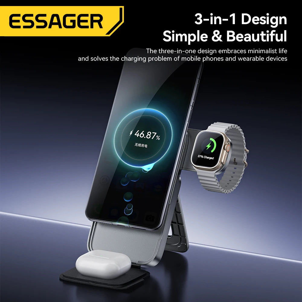 3-in-1 Magnetic Wireless Charging Stand – Foldable, Grey