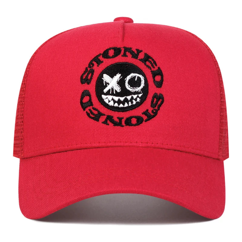 Smiley Face Embroidery Baseball Cap Mesh Trucker, Adjustable, Unisex