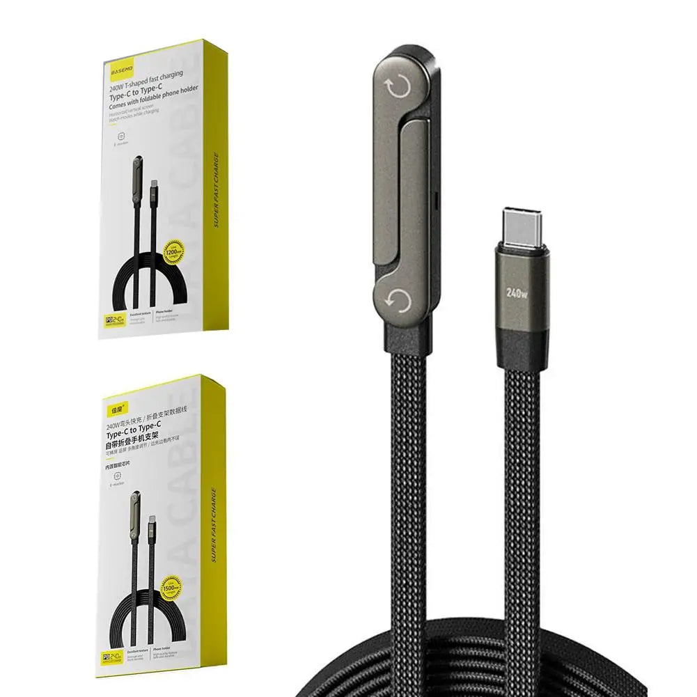 240W Fast Charging Cable + Foldable Phone Stand - USB-C & USB-A 2-in-1