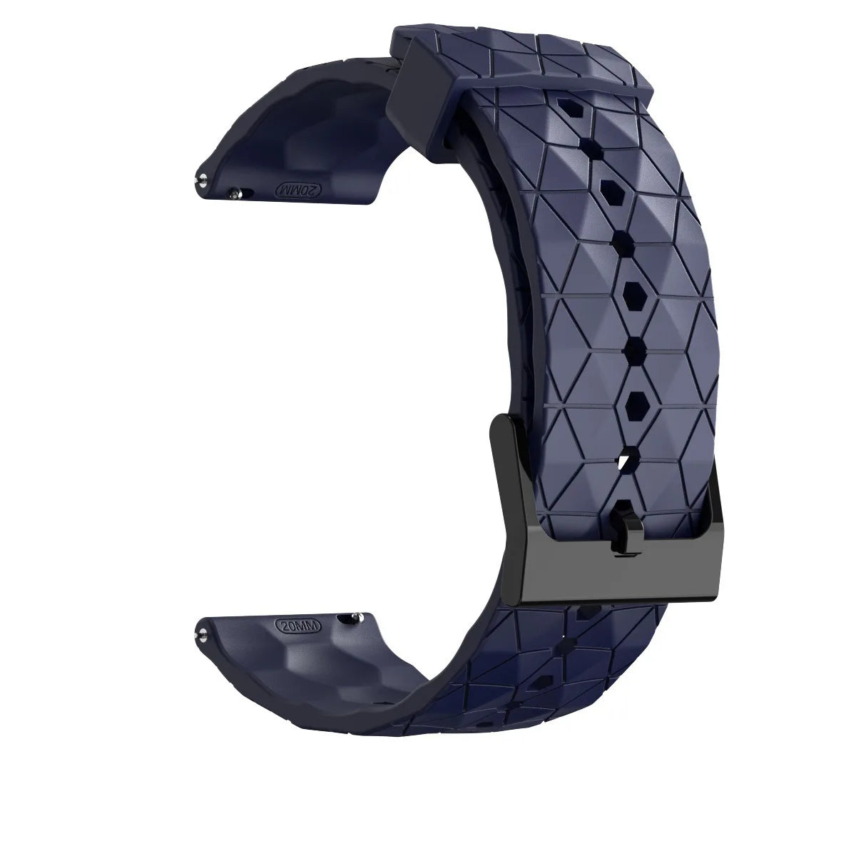 Navy blue silicone band shown open with geometric texture and adjustment holes.