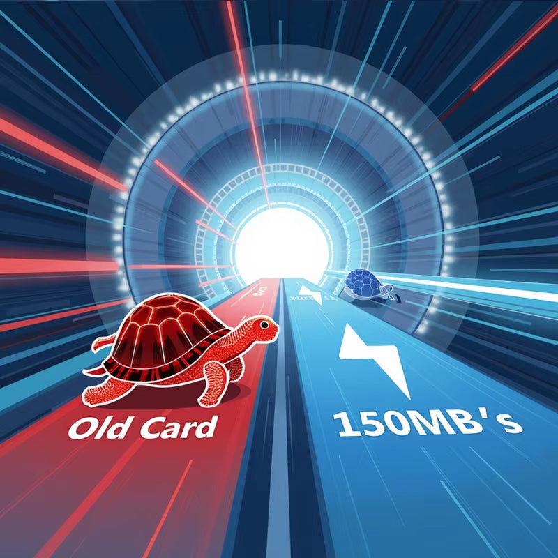 Tortoise-like characters on either side of a tunnel with 'Old Card' and '150MB's' text.