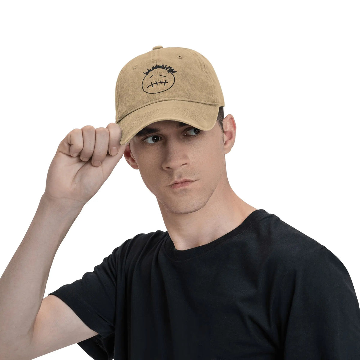 Washed Cotton Baseball Cap – Stitched-Mouth Face, 7 Colors