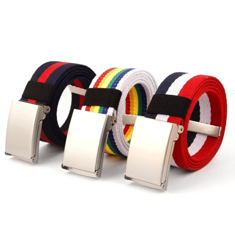 Striped Canvas Belt – Metal Buckle, 6 Styles
