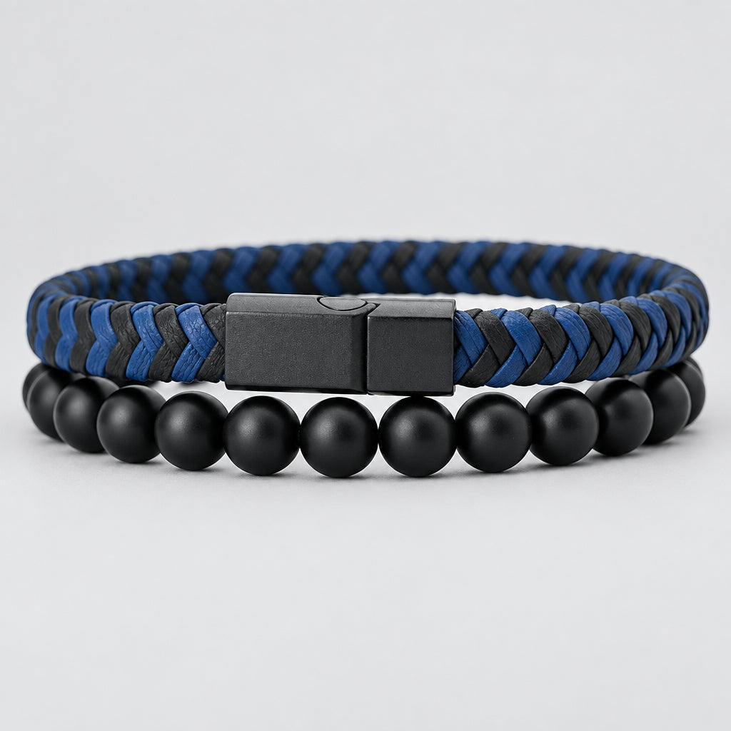 Noter 2Pcs Bracelets Exclusifs Pour Hommes 8mm Onyx Stone Strand Braclet Handmade Weaven Leather Braslet Perfect Gift For Him deideas