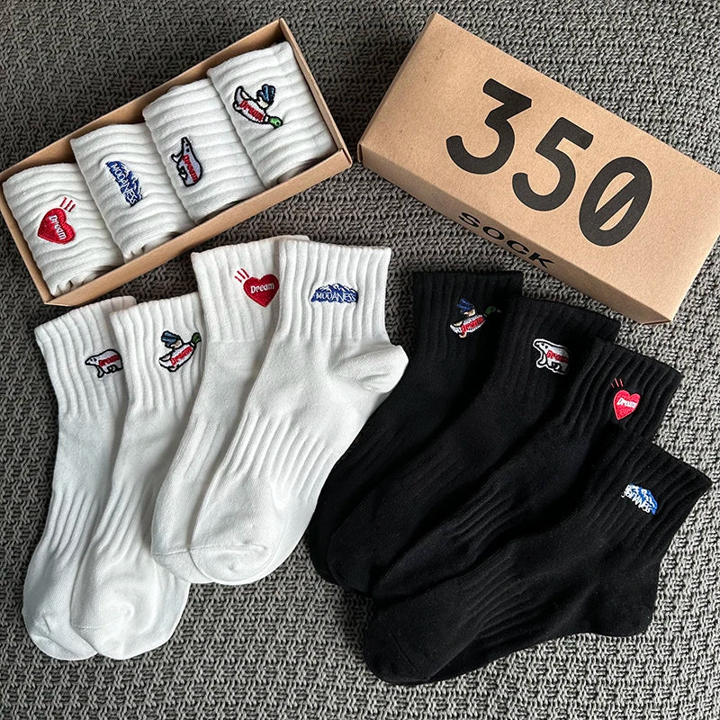 Embroidered Ribbed Socks 4-Pack – Boxed Cotton Blend