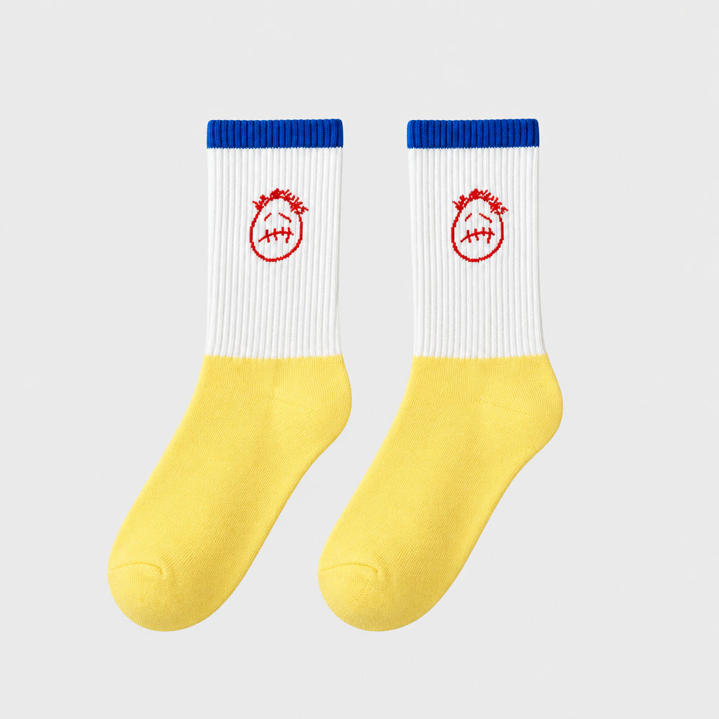 White and yellow crew socks with blue cuffs and red face graphics.