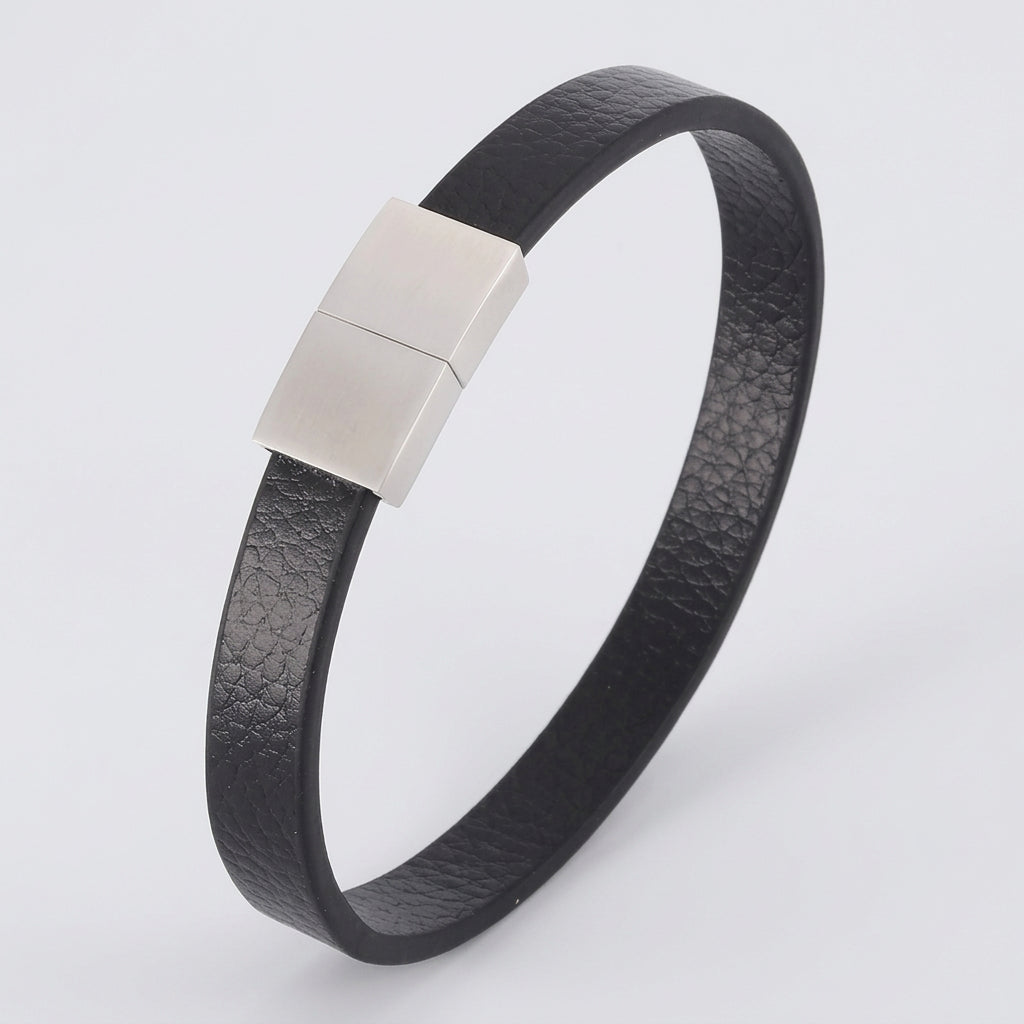 Faux Leather Band Bracelet – Rectangular Clasp, 3 Sizes