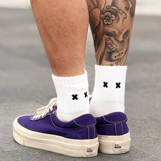 Embroidered Cross Crew Socks – Ribbed Cuffs, 4 Colors