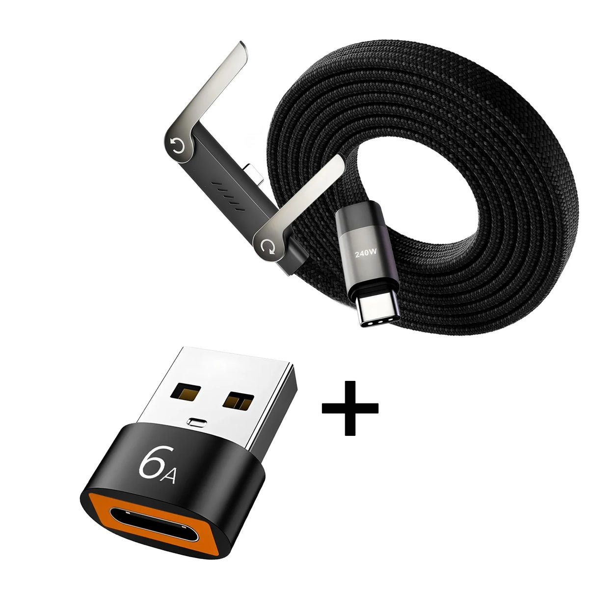 240W Fast Charging Cable + Foldable Phone Stand - USB-C & USB-A 2-in-1