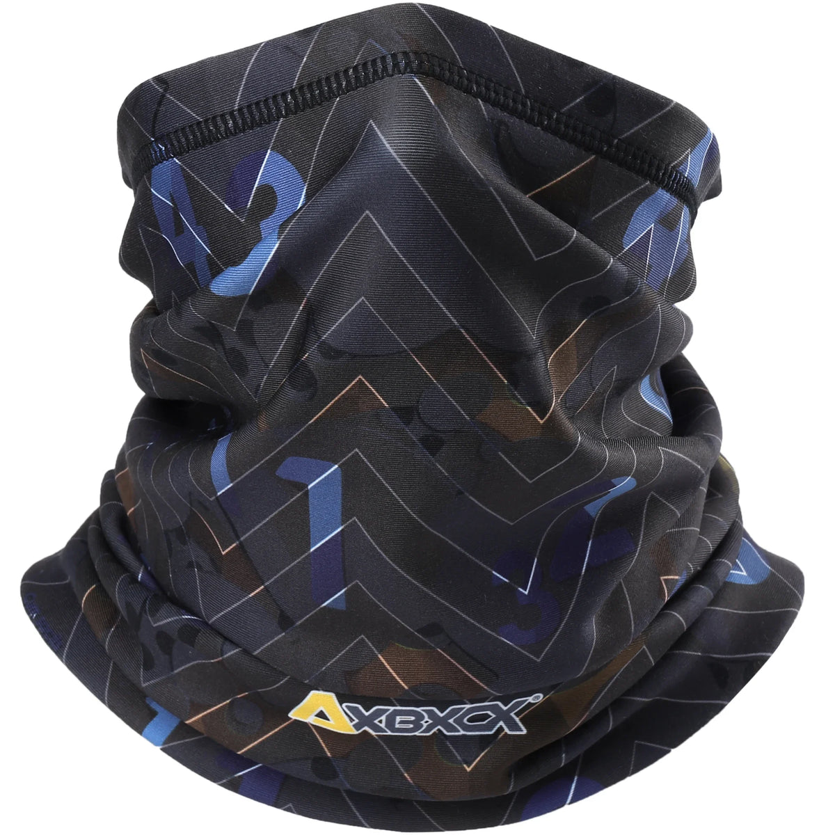 Black patterned neck gaiter with a brand logo on a white background