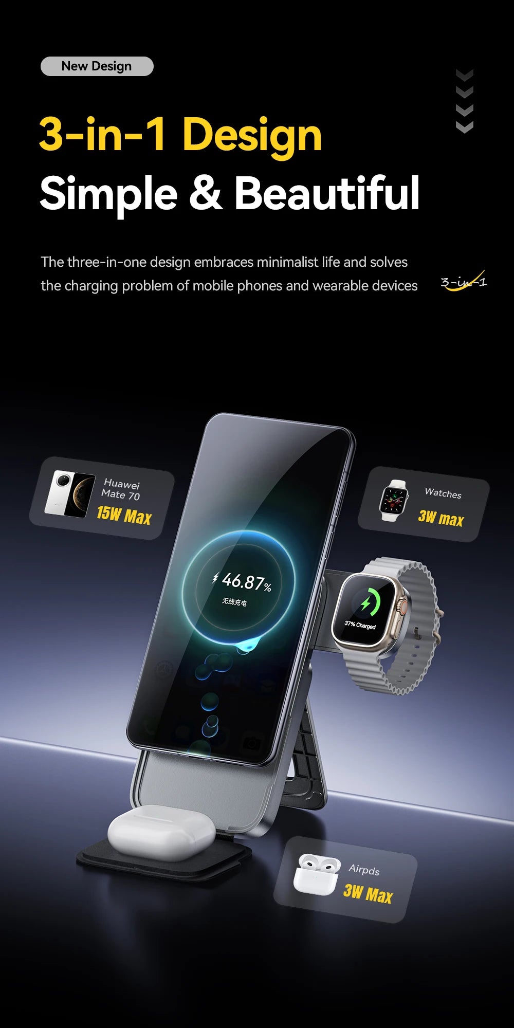 3-in-1 Magnetic Wireless Charging Stand – Foldable, Grey