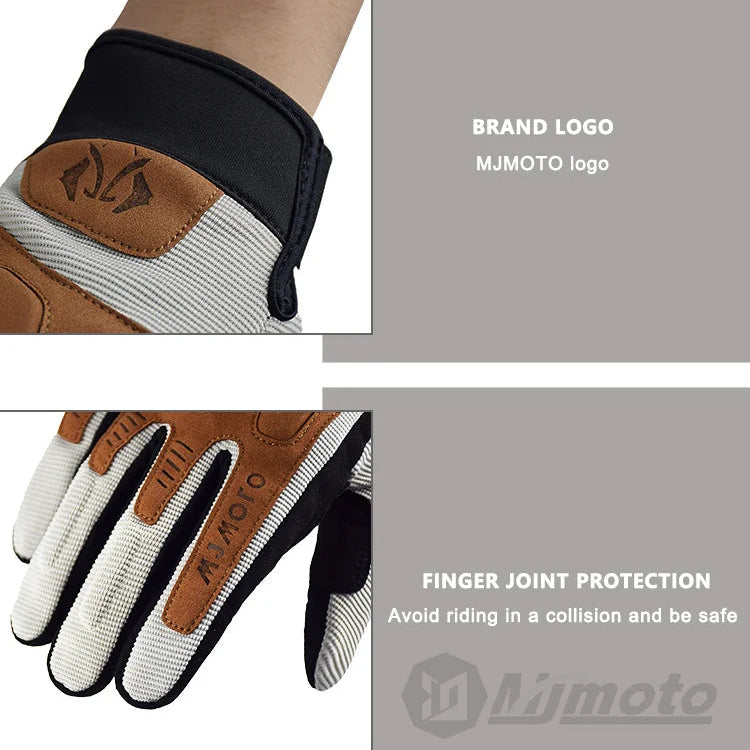 Mjimoto motorcycle glove with brown, black, and white design on a gray background