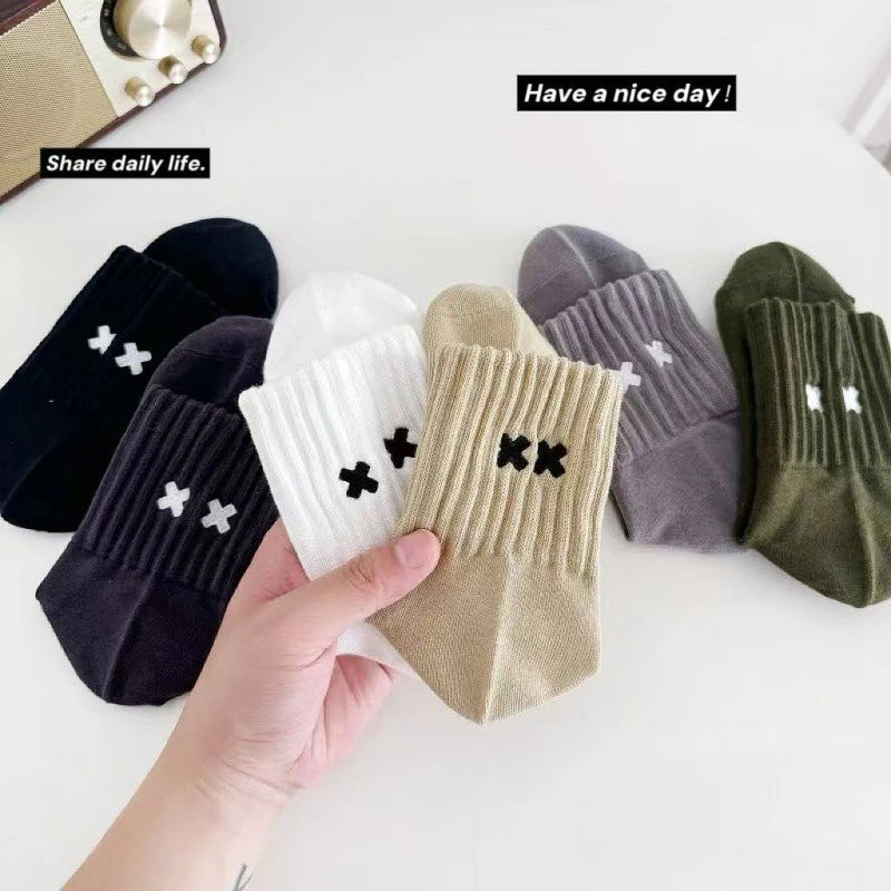 Embroidered Cross Crew Socks – Ribbed Cuffs, 4 Colors