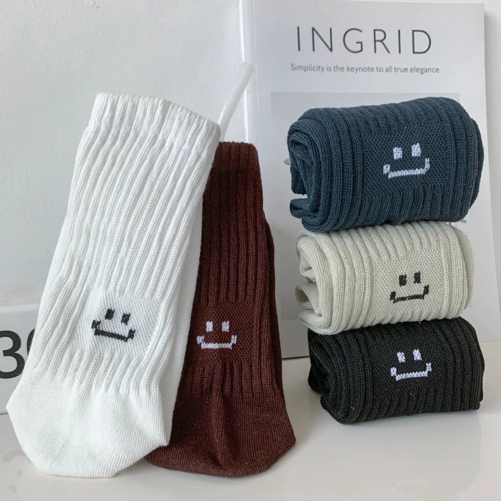 Smiley Face Crew Socks – Ribbed Cotton Blend, EU 35–44