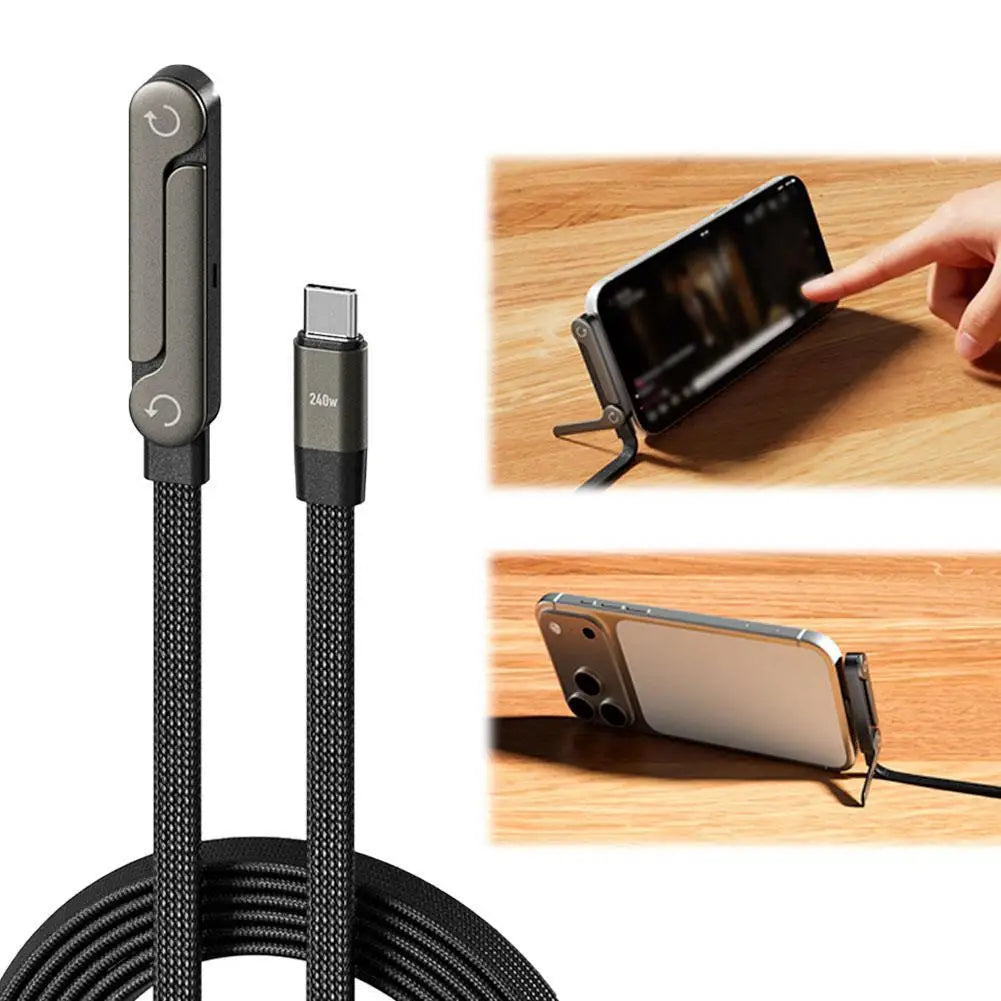 240W Fast Charging Cable + Foldable Phone Stand - USB-C & USB-A 2-in-1
