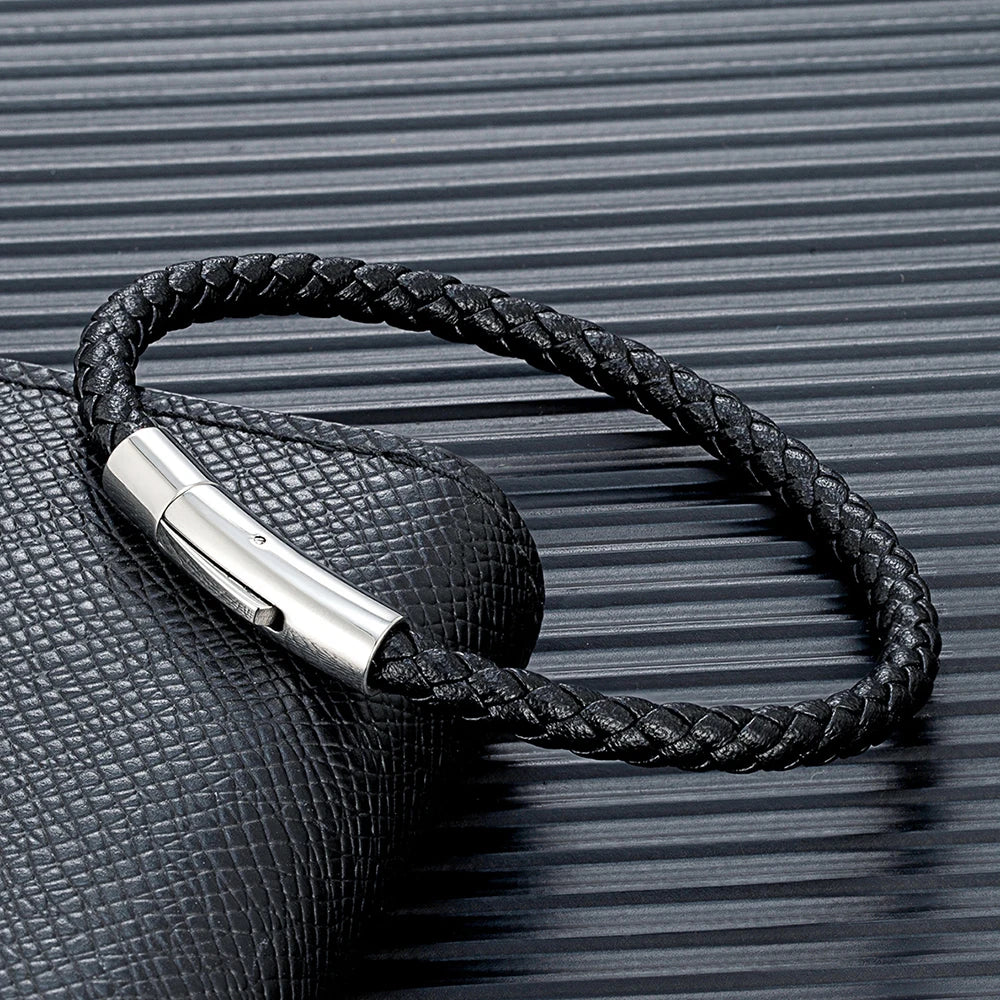 Braided Leather Bracelet – Silver-Tone Barrel Clasp, 5 Colors