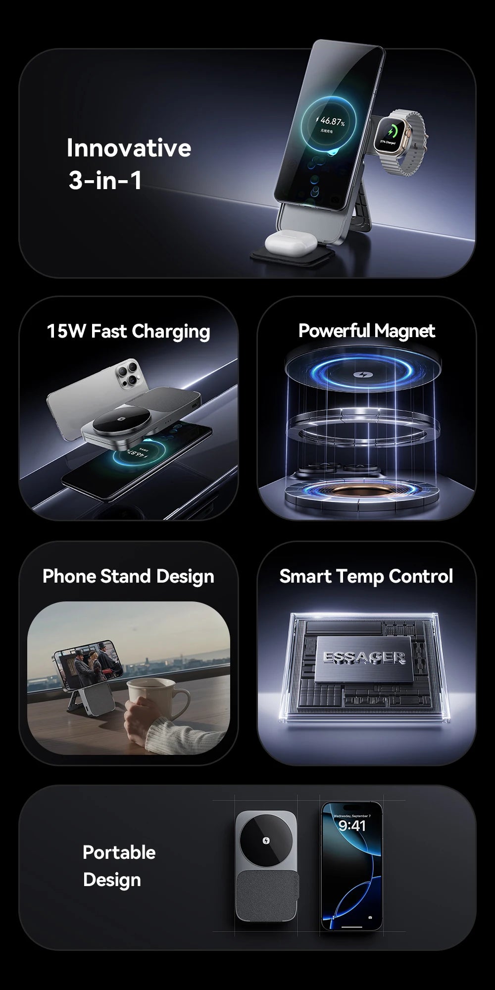 3-in-1 Magnetic Wireless Charging Stand – Foldable, Grey