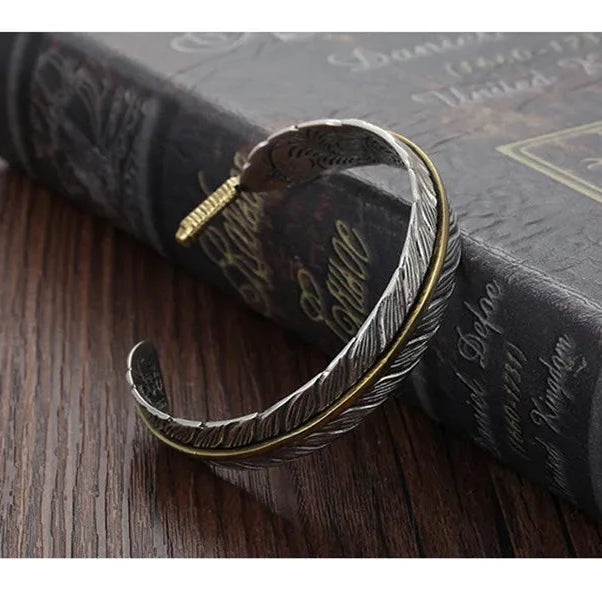 Wild Spirit Feather Cuff Adjustable Silver Bracelet for Men deideas