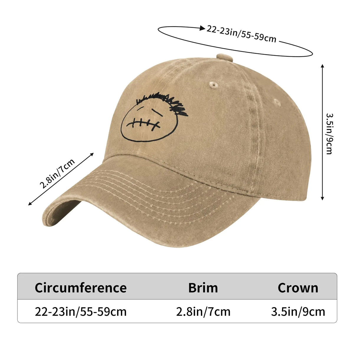 Washed Cotton Baseball Cap – Stitched-Mouth Face, 7 Colors