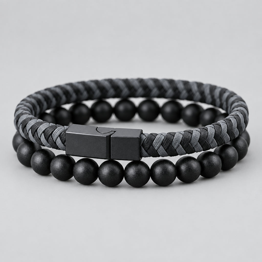 Noter 2Pcs Bracelets Exclusifs Pour Hommes 8mm Onyx Stone Strand Braclet Handmade Weaven Leather Braslet Perfect Gift For Him deideas