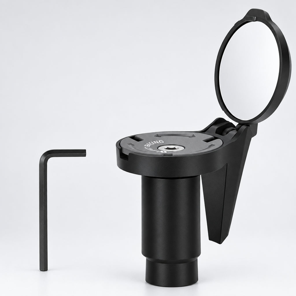 Black motorcycle mirror with handlebar adapter on a white background