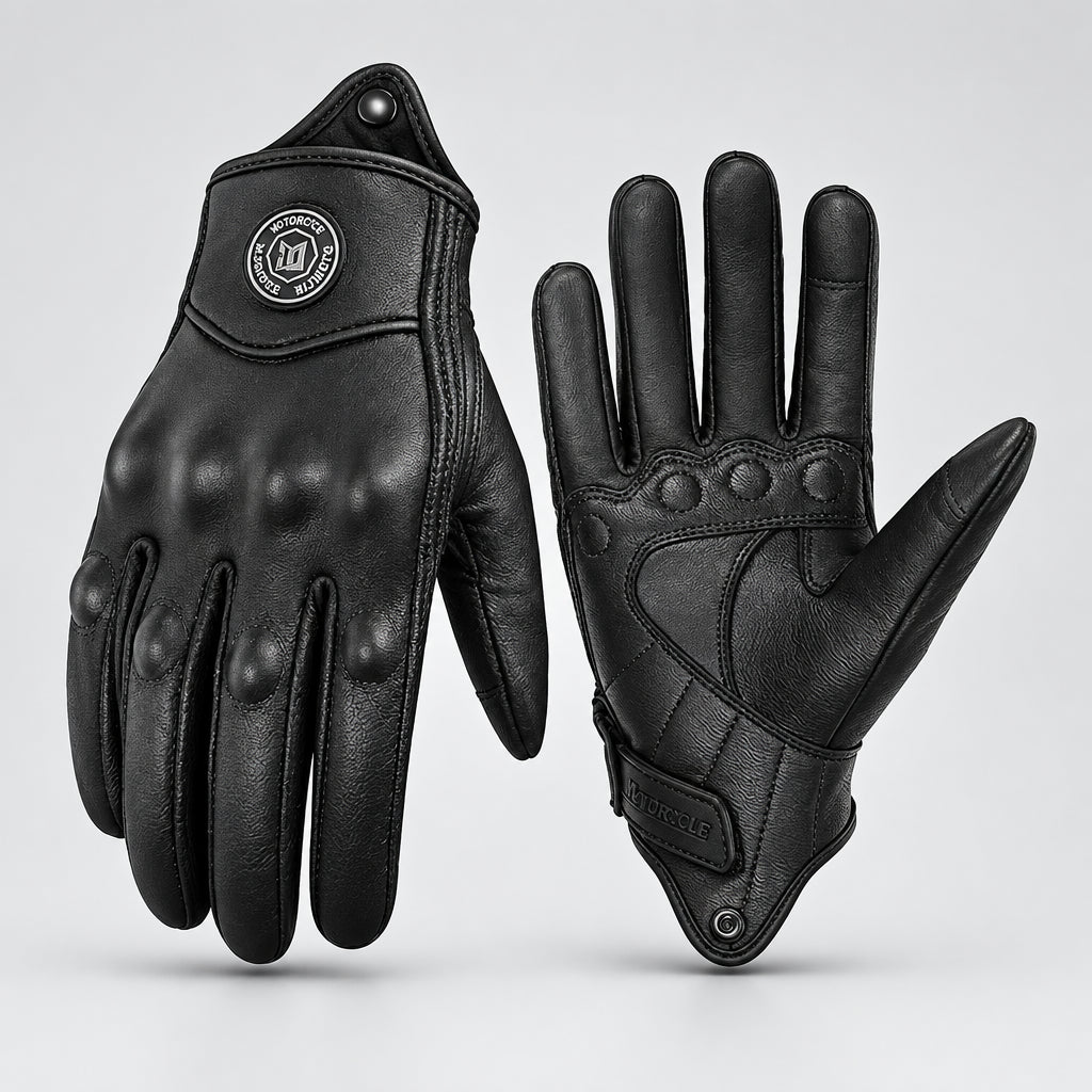 Black gloves shown from the palm and back, with stitched palm panels and wrist straps.