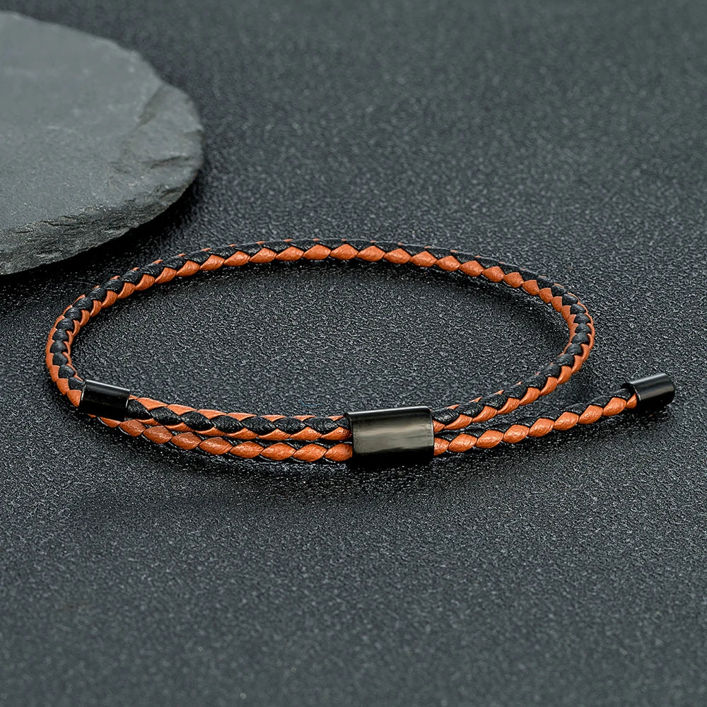 Braided Leather Bracelet – Adjustable Stainless Steel Lock Charm