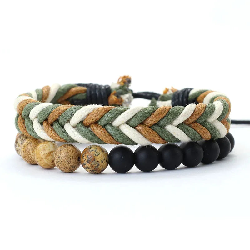 Noter New 2Pcs/Set Men Bracelet Handmade Weaven Adjustable Cord Chain Braslet 8mm Natural Lava Tiger Eyes Stone Braclet Homme deideas