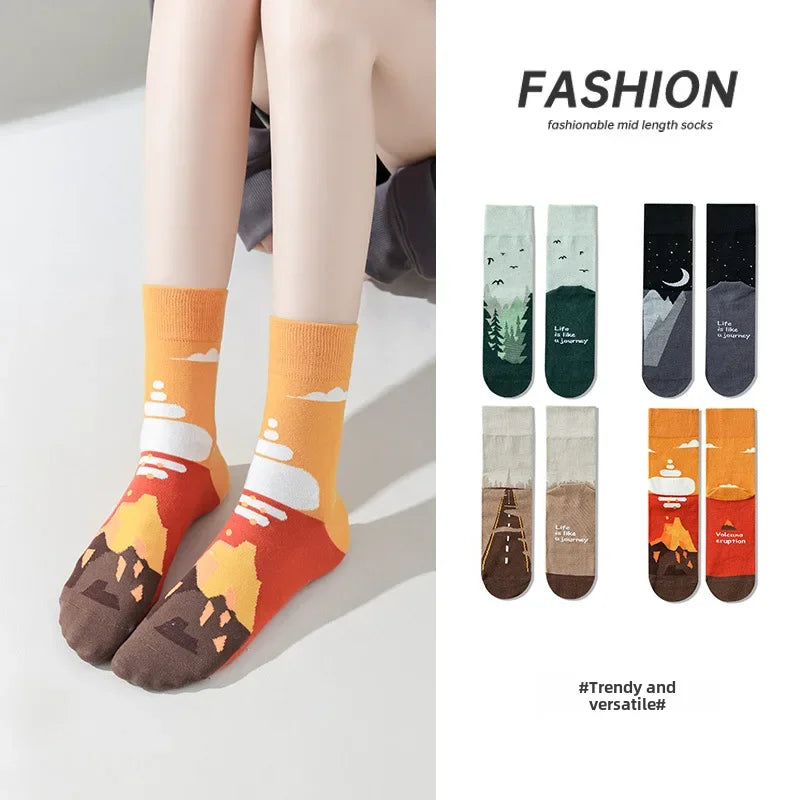 Colorful socks with nature-themed designs on a white background, with 'FASHION' text and sock options displayed.
