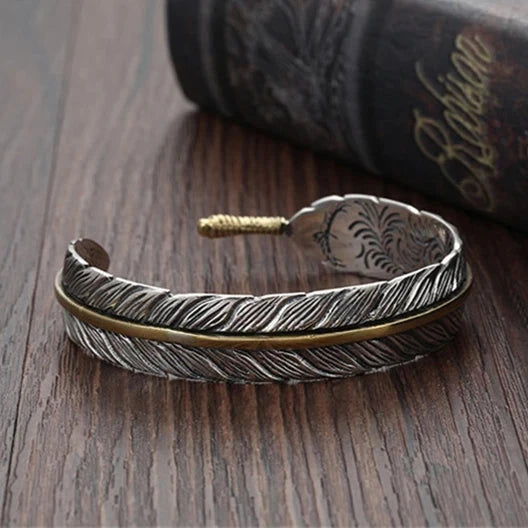 Wild Spirit Feather Cuff Adjustable Silver Bracelet for Men deideas