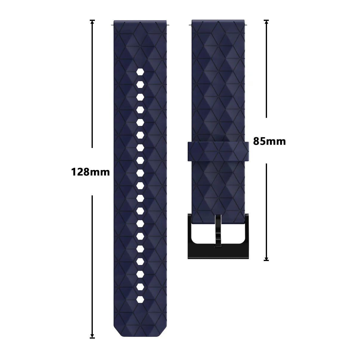 Navy blue band section diagram showing approximate lengths of 128 mm and 85 mm.